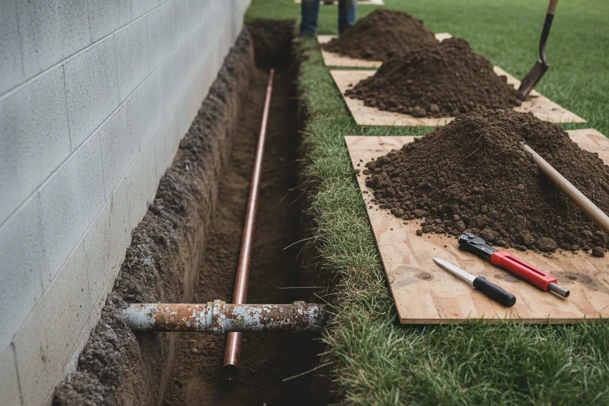 Excavated water line trench during Water Softener Installation in Camp Murray